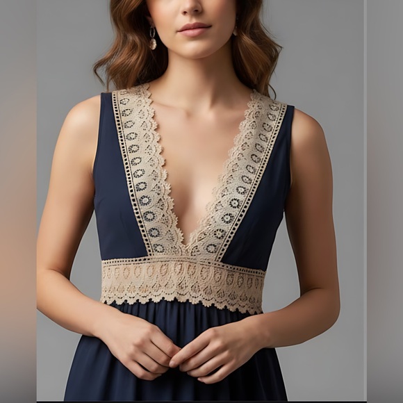 Boho Deep V-Neck Lace Trimmed Sleeveless Dress Blue - Picture 2 of 9